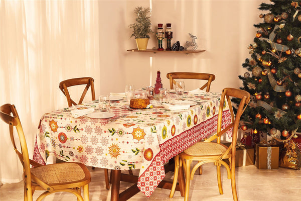 Christmas Holiday tablecloth in Cream and red color printed with ornaments and snowflakes