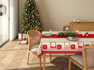 Christmas White with Red tablecloth printed with xmas elements celebrating the Christmas spirit