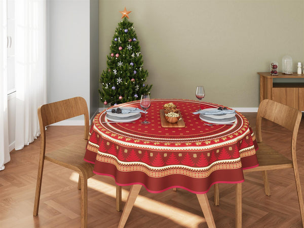 Red Christmas Holiday Tablecloth with printed xmas details and gold  glitter accents