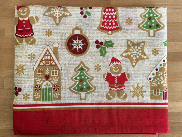 Christmas Tablecloth printed with Xmas elements of gingerbread house, snowflakes and Christmas trees