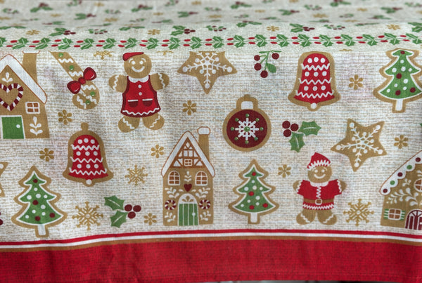 Christmas Tablecloth printed with Xmas elements of gingerbread house, snowflakes and Christmas trees