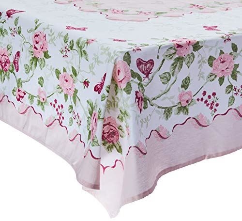 Pink Roses and Butterfly Printed Tablecloth Water Resistant Fabric Tablecloth. Size options 60 inch Round or 61"x98" Rectangle Tablecloth for Kitchen, Dining Room and Party