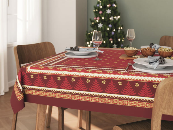 Red Christmas Holiday Tablecloth with printed xmas details and gold  glitter accents