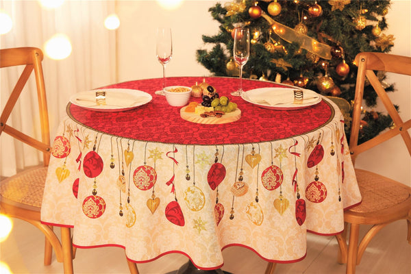 Christmas  Holiday Printed Tablecloth with ornaments offset by Metallic Gold Tones and Earthy Accents