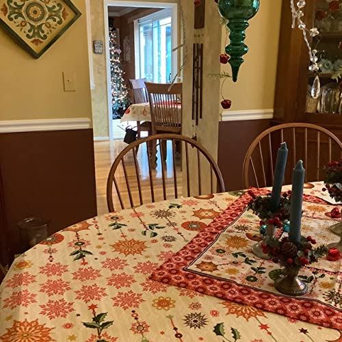 Christmas Holiday tablecloth in Cream and red color printed with ornaments and snowflakes