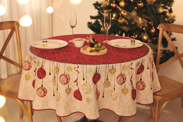 Christmas  Holiday Printed Tablecloth with ornaments offset by Metallic Gold Tones and Earthy Accents