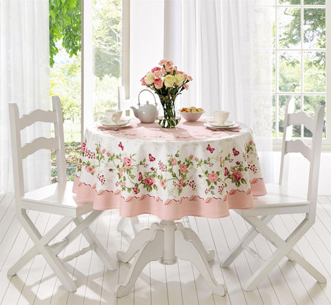 Pink Roses and Butterfly Printed Tablecloth Water Resistant Fabric Tablecloth. Size options 60 inch Round or 61"x98" Rectangle Tablecloth for Kitchen, Dining Room and Party