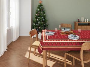 Red Christmas Holiday Tablecloth with printed xmas details and gold  glitter accents