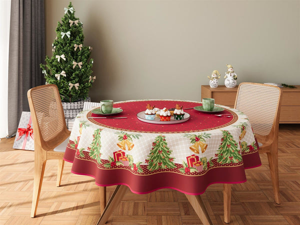 Traditional Style Red and White Christmas holiday tablecloth printed with Christmas trees and gold bells