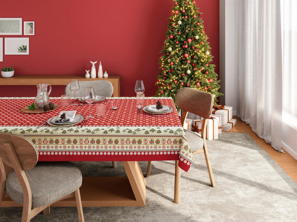 Christmas Tablecloth printed with Xmas elements of ornaments, snowflakes and Christmas trees