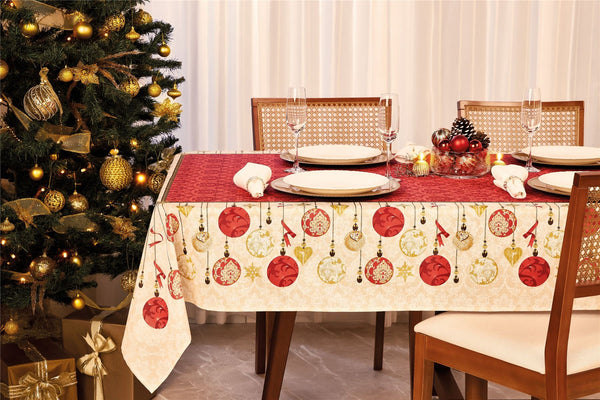 Christmas  Holiday Printed Tablecloth with ornaments offset by Metallic Gold Tones and Earthy Accents