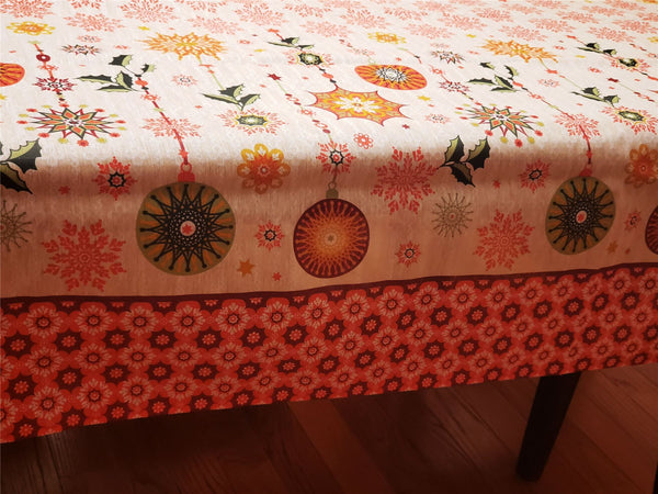 Christmas Holiday tablecloth in Cream and red color printed with ornaments and snowflakes