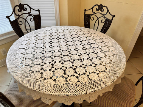 Handmade crochet tablecloth. 60" Round, Ecru  color,  Floral motif. Cotton yarn