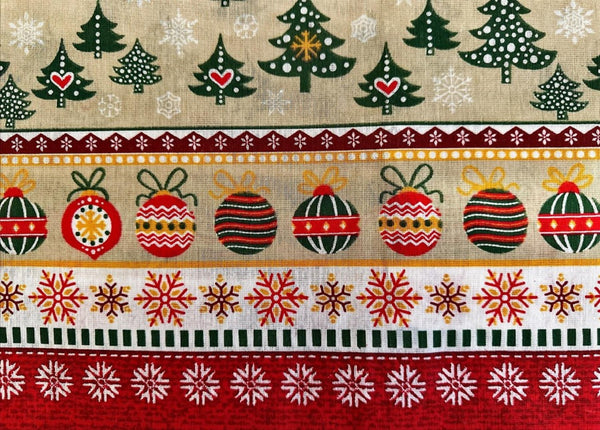 Christmas Tablecloth printed with Xmas elements of ornaments, snowflakes and Christmas trees