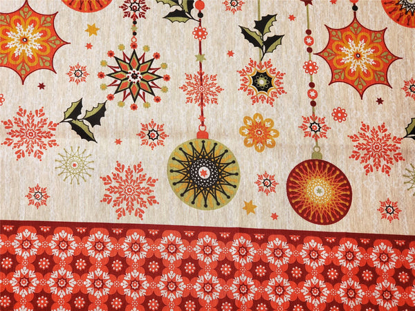 Christmas Holiday tablecloth in Cream and red color printed with ornaments and snowflakes