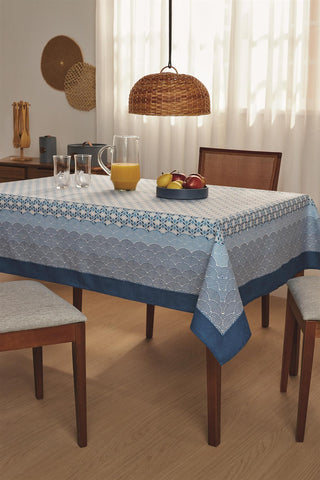 AdonisUSA White and Blue Printed Tablecloth with Geometric and Wave Pattern Bold Border ,Rectangle Tablecloth (55x87 Rectangle)