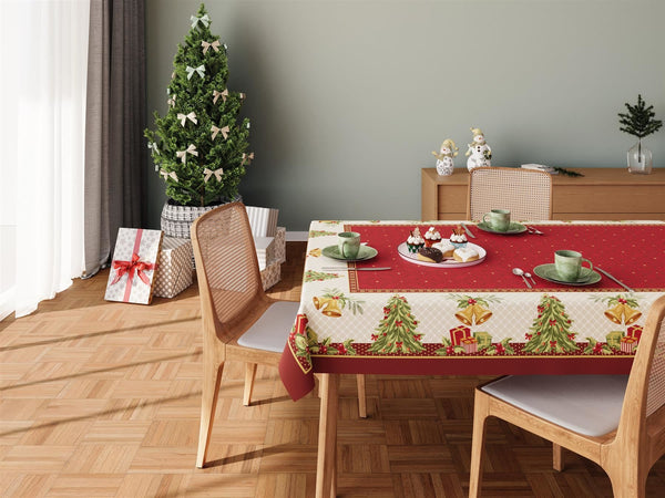 Traditional Style Red and White Christmas holiday tablecloth printed with Christmas trees and gold bells