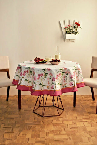 Pink and Cream Printed Tablecloth with Pink Flowers + White daisies- 60" Round, 55" Square, 55"x83"Rectangle