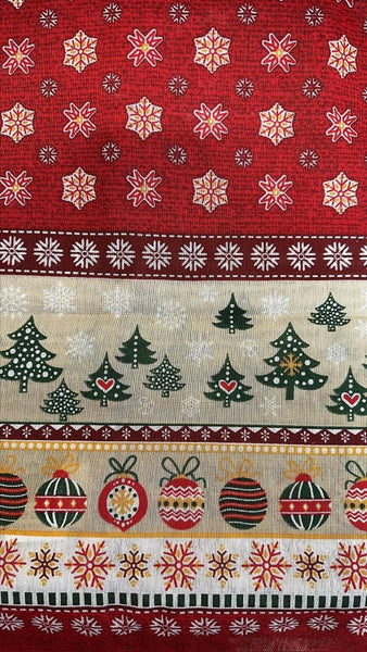 Christmas Tablecloth printed with Xmas elements of ornaments, snowflakes and Christmas trees