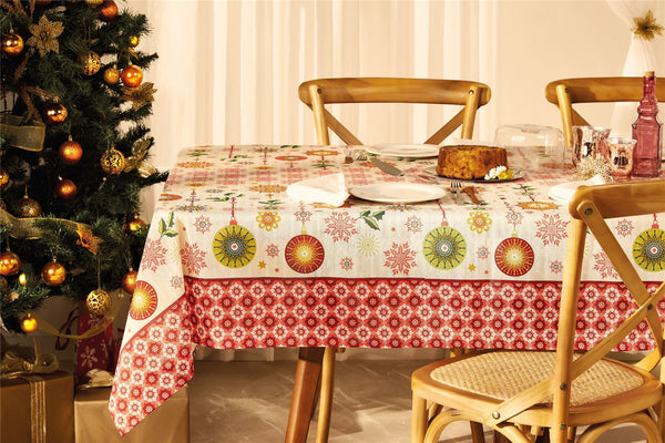 Christmas Holiday tablecloth in Cream and red color printed with ornaments and snowflakes