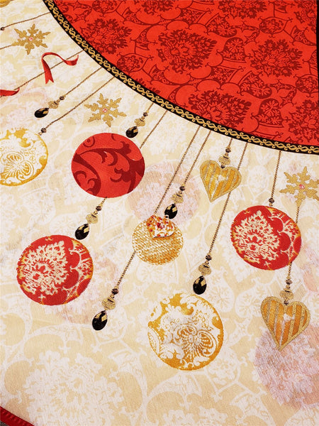 Christmas  Holiday Printed Tablecloth with ornaments offset by Metallic Gold Tones and Earthy Accents