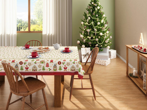 Christmas Tablecloth printed with Xmas elements of gingerbread house, snowflakes and Christmas trees